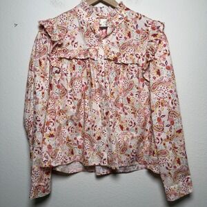 PINCH Women Cottage Top XL Paisley Preppy Blouse Ruffle Artsy Boho Peasant